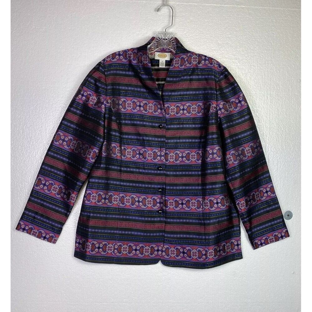 Talbots Womens Jacket 12 Silk Black Multi Stripe Light‎ weight Button up Boho
